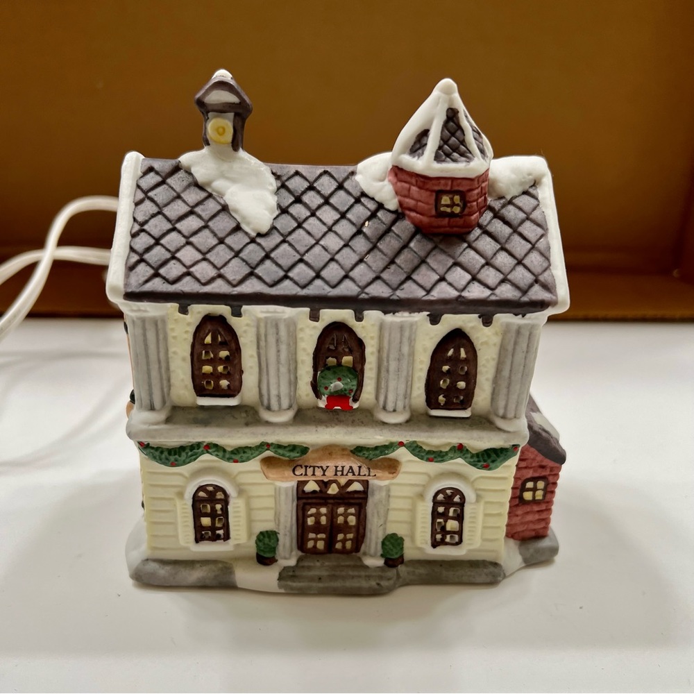 Victorian Village Collection Hand Painted Collectible City Hall With Light